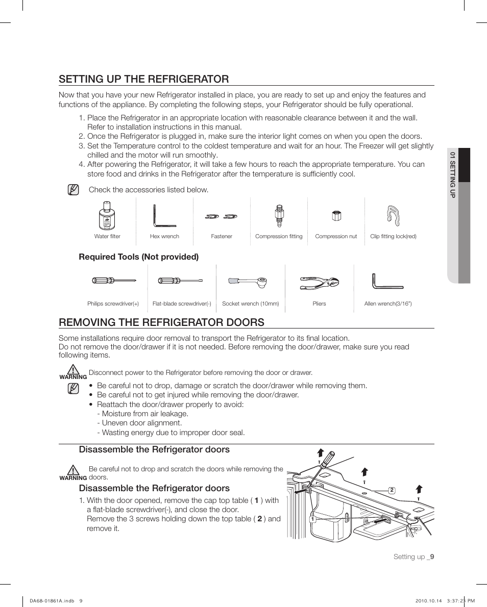 Setting up the refrigerato r, Removing the refrigerato r doors, Disassemble the refrigerator doors | Samsung RF268ACBP-XAA User Manual | Page 9 / 42