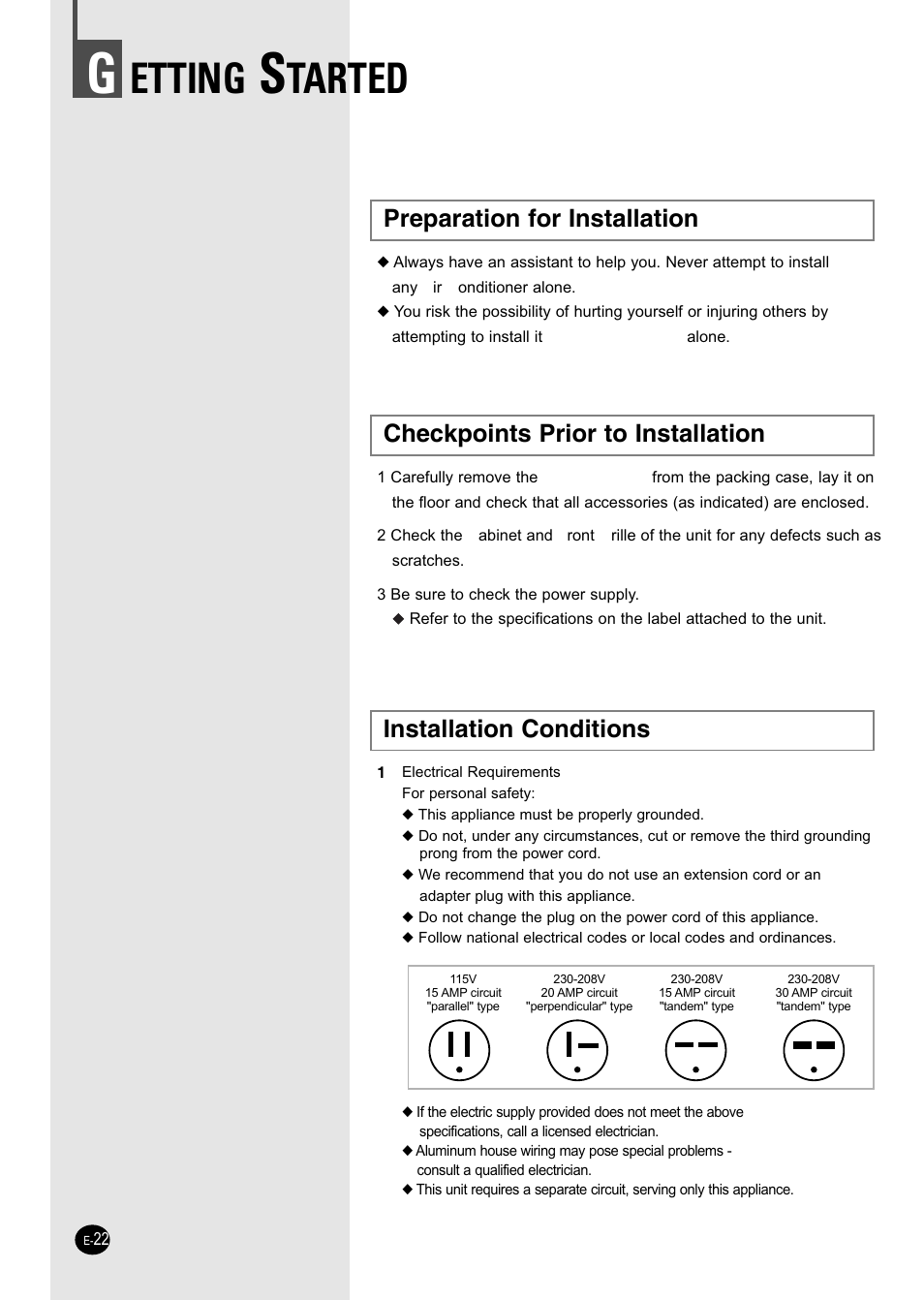 Etting, Tarted, Preparation for installation | Samsung AW25ECB8XAA User Manual | Page 22 / 29