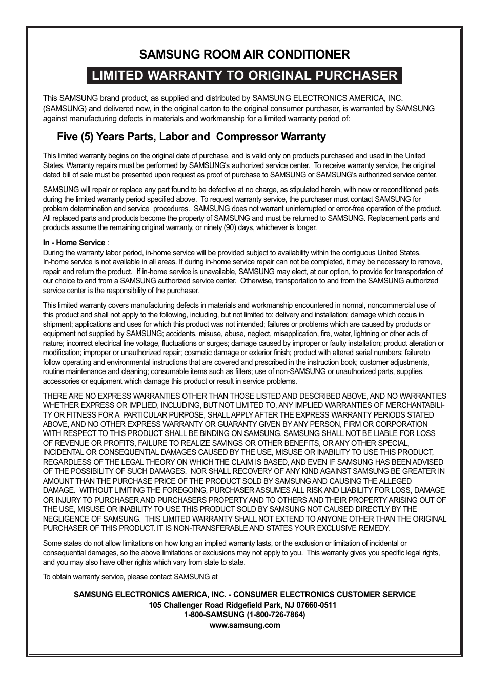 Lyh  <hduv3duwv/deru dqg&rpsuhvvru:duudqw | Samsung AW25ECB8XAA User Manual | Page 29 / 29