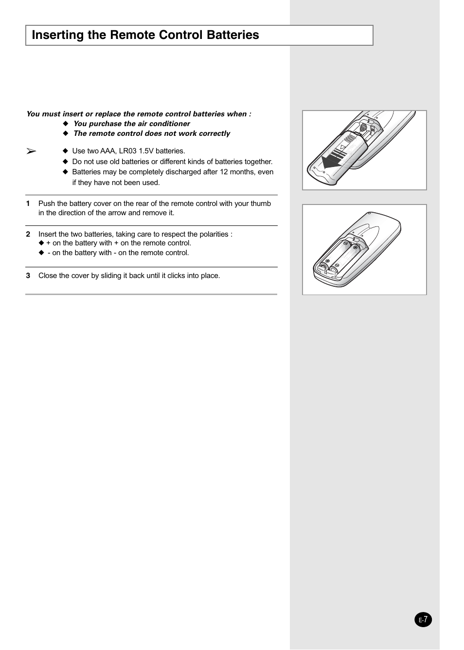 Inserting the remote control batteries | Samsung AW25ECB8XAA User Manual | Page 7 / 29