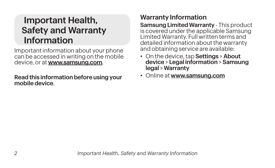 Important health, safety and warranty information | Samsung SM-G900PZDASPR User Manual | Page 2 / 56