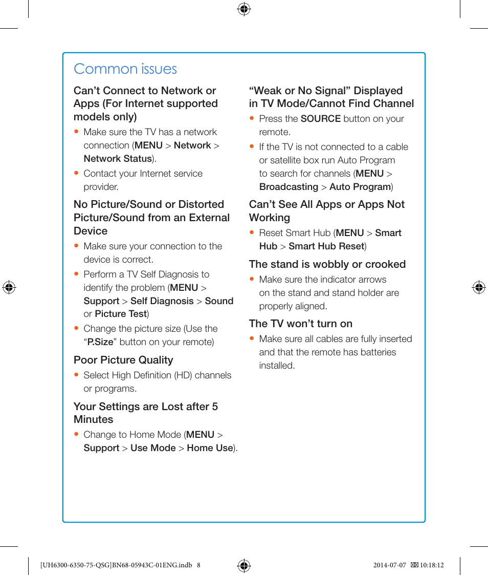 Common issues | Samsung UN75H6350AFXZA User Manual | Page 8 / 10