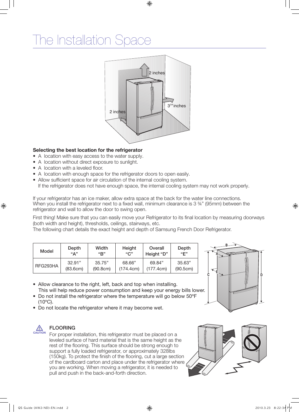 The installation space | Samsung RFG293HAWP-XAA User Manual | Page 2 / 9
