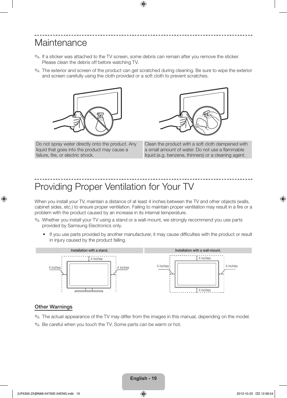Maintenance, Providing proper ventilation for your tv | Samsung UN55F6300AFXZA User Manual | Page 19 / 26