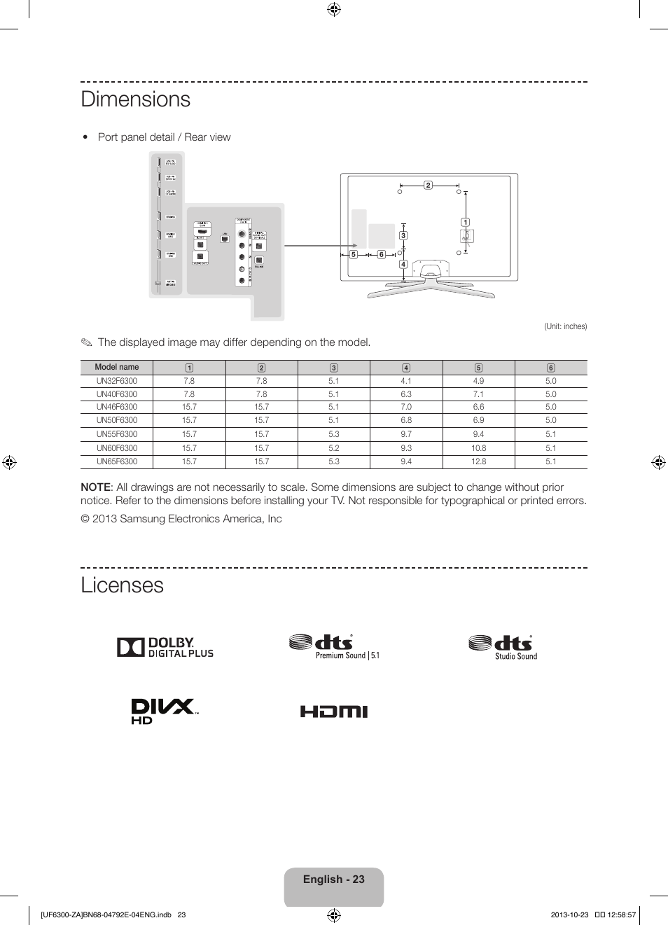 Dimensions, Licenses | Samsung UN55F6300AFXZA User Manual | Page 23 / 26