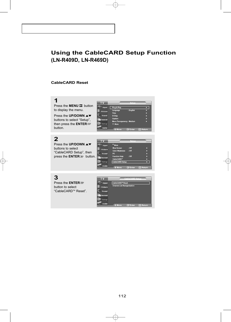 Cablecard reset | Samsung LNR469DX-XAA User Manual | Page 118 / 134