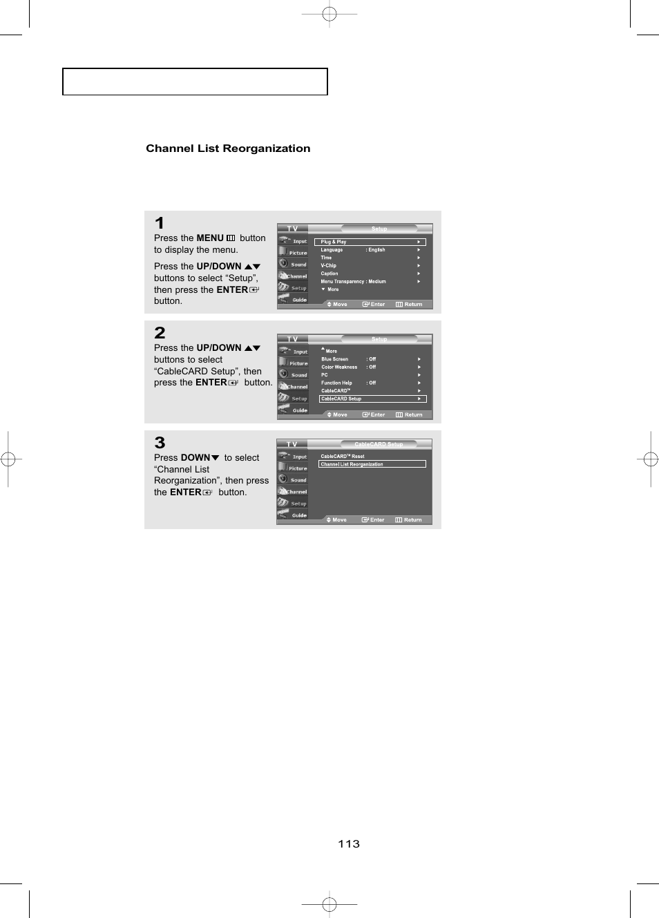 Channel list reorganization | Samsung LNR469DX-XAA User Manual | Page 119 / 134