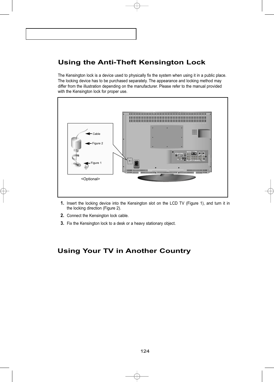 Using the anti-theft kensington lock, Using your tv in another country | Samsung LNR469DX-XAA User Manual | Page 130 / 134