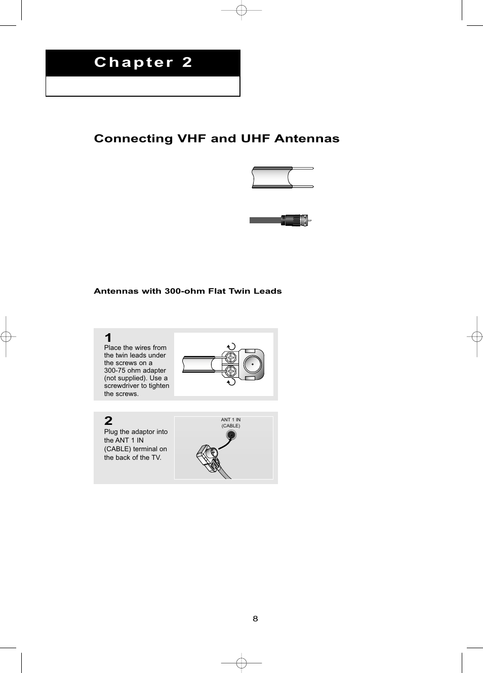 Chapter 2: connections, Connecting vhf and uhf antennas, Antennas with 300-ohm flat twin leads | Samsung LNR469DX-XAA User Manual | Page 14 / 134