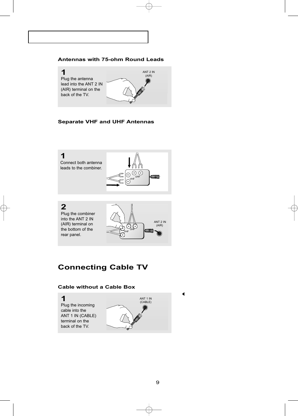Antennas with 75-ohm round leads, Separate vhf and uhf antennas, Connecting cable tv | Cable without a cable box | Samsung LNR469DX-XAA User Manual | Page 15 / 134