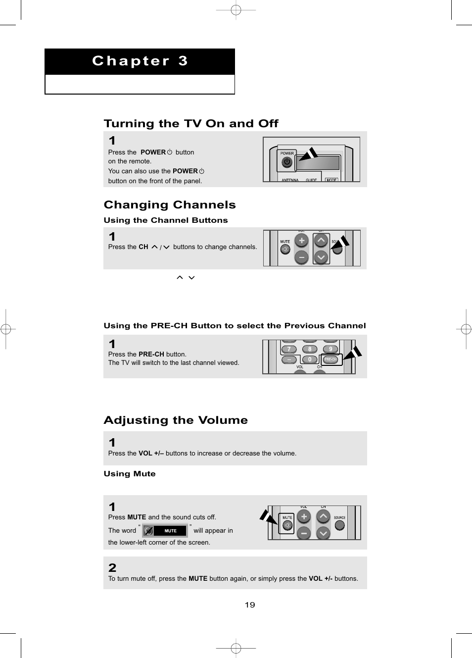 Chapter 3: operation, Turning the tv on and off, Changing channels | Using the channel buttons, Adjusting the volume, Using mute | Samsung LNR469DX-XAA User Manual | Page 25 / 134