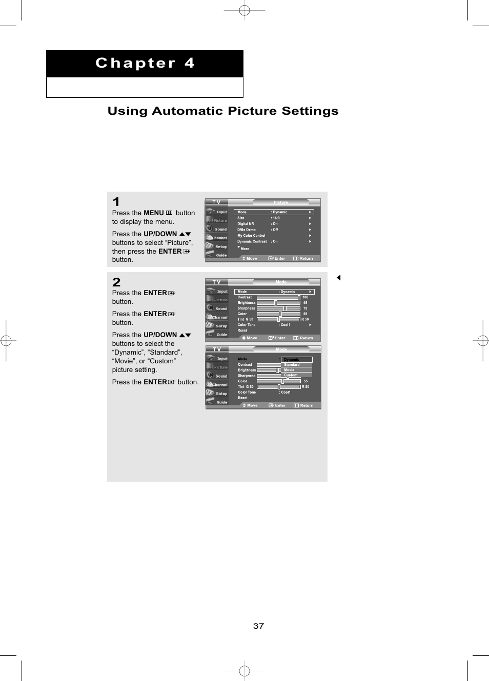 Chapter 4: picture control, Using automatic picture settings | Samsung LNR469DX-XAA User Manual | Page 43 / 134