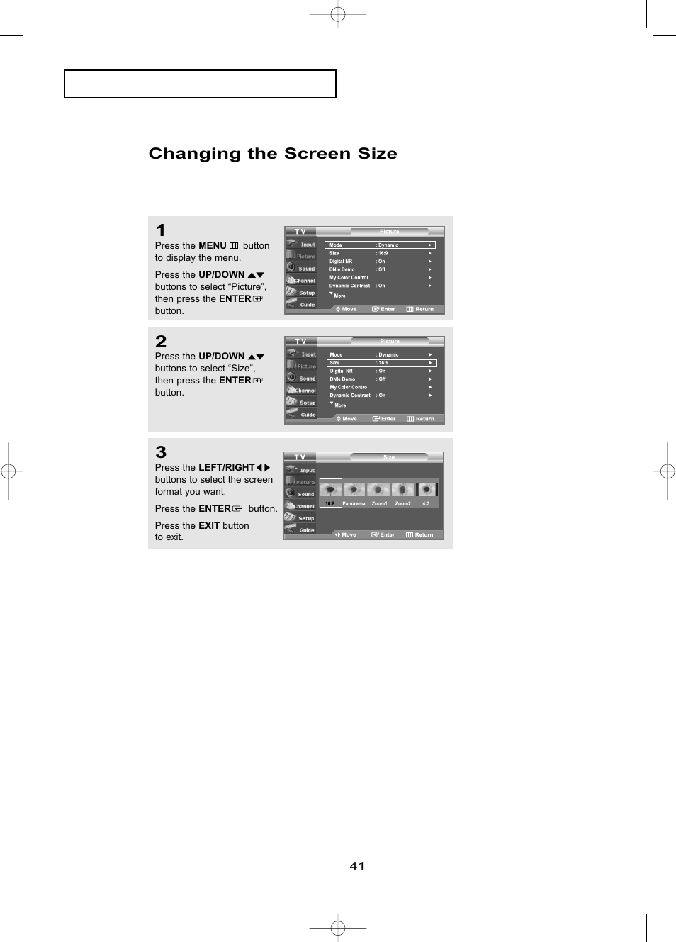 Changing the screen size | Samsung LNR469DX-XAA User Manual | Page 47 / 134
