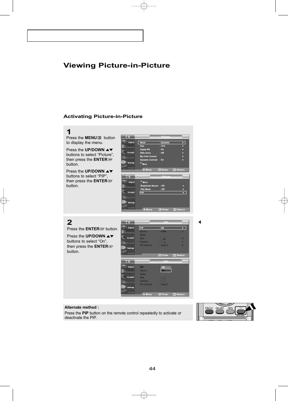 Viewing picture-in-picture, Activating picture-in-picture | Samsung LNR469DX-XAA User Manual | Page 50 / 134