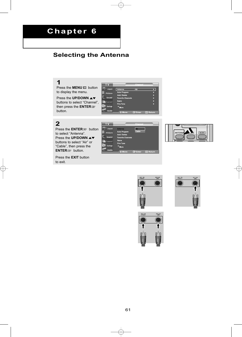 Chapter 6: channel control, Selecting the antenna | Samsung LNR469DX-XAA User Manual | Page 67 / 134