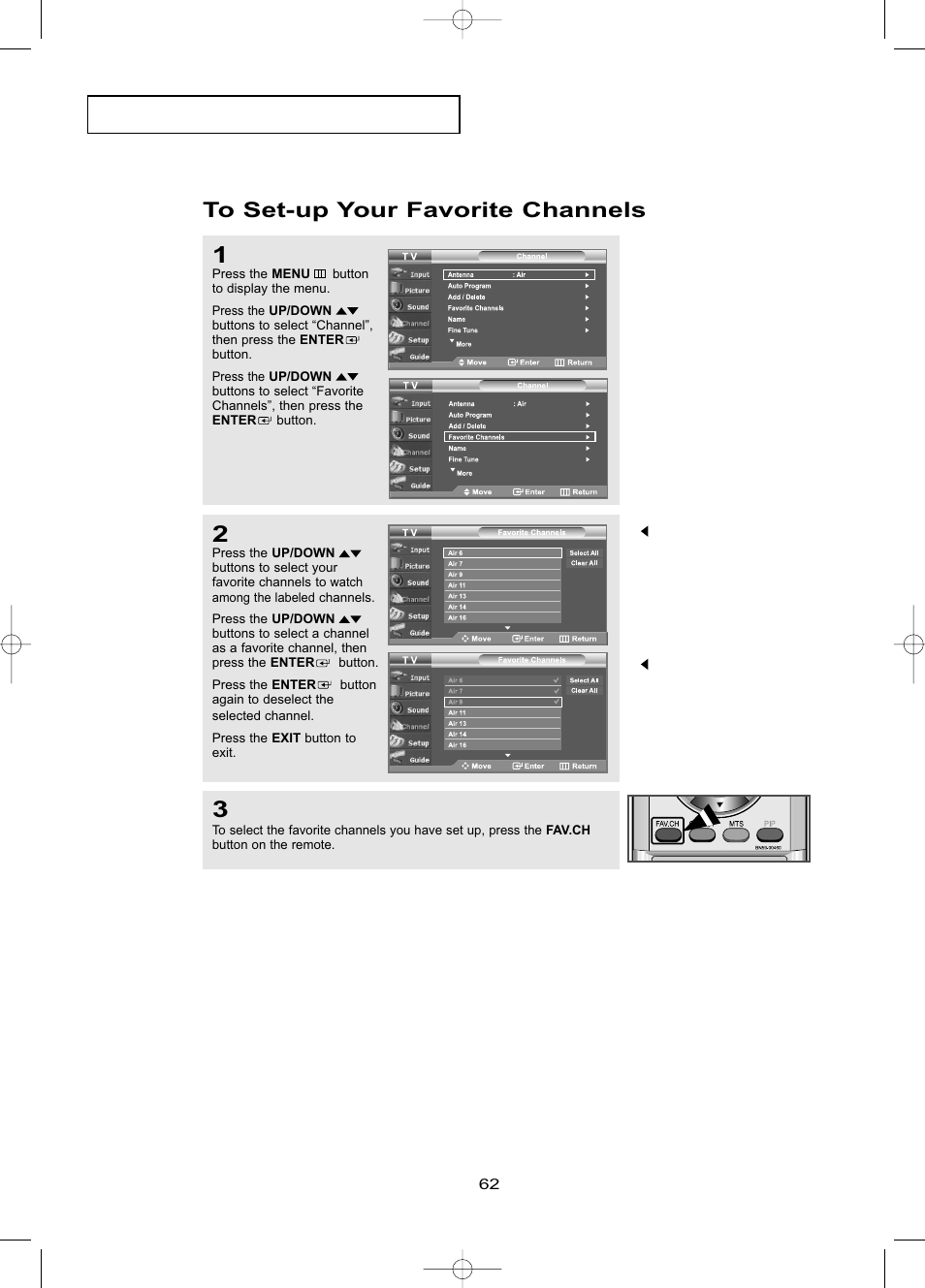 To set-up your favorite channels | Samsung LNR469DX-XAA User Manual | Page 68 / 134