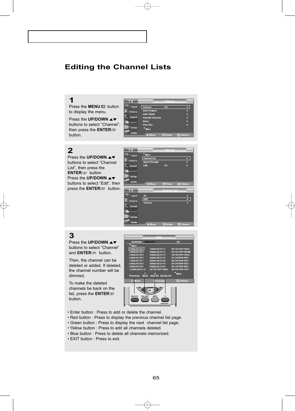 Editing the channel lists | Samsung LNR469DX-XAA User Manual | Page 71 / 134
