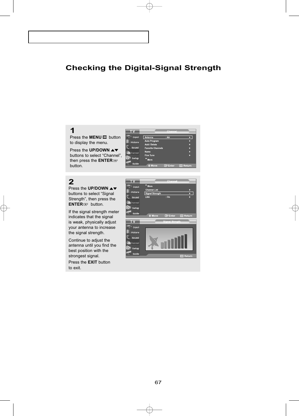 Checking the digital-signal strength | Samsung LNR469DX-XAA User Manual | Page 73 / 134