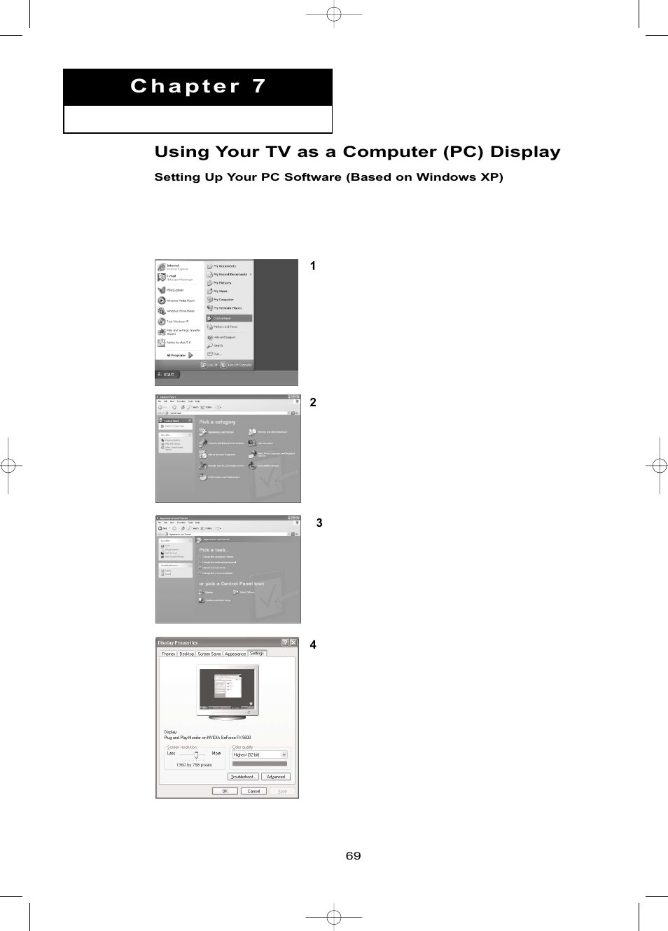 Chapter 7: pc display, Using your tv as a computer (pc) display, Setting up your pc software (based on windows xp) | P c d | Samsung LNR469DX-XAA User Manual | Page 75 / 134