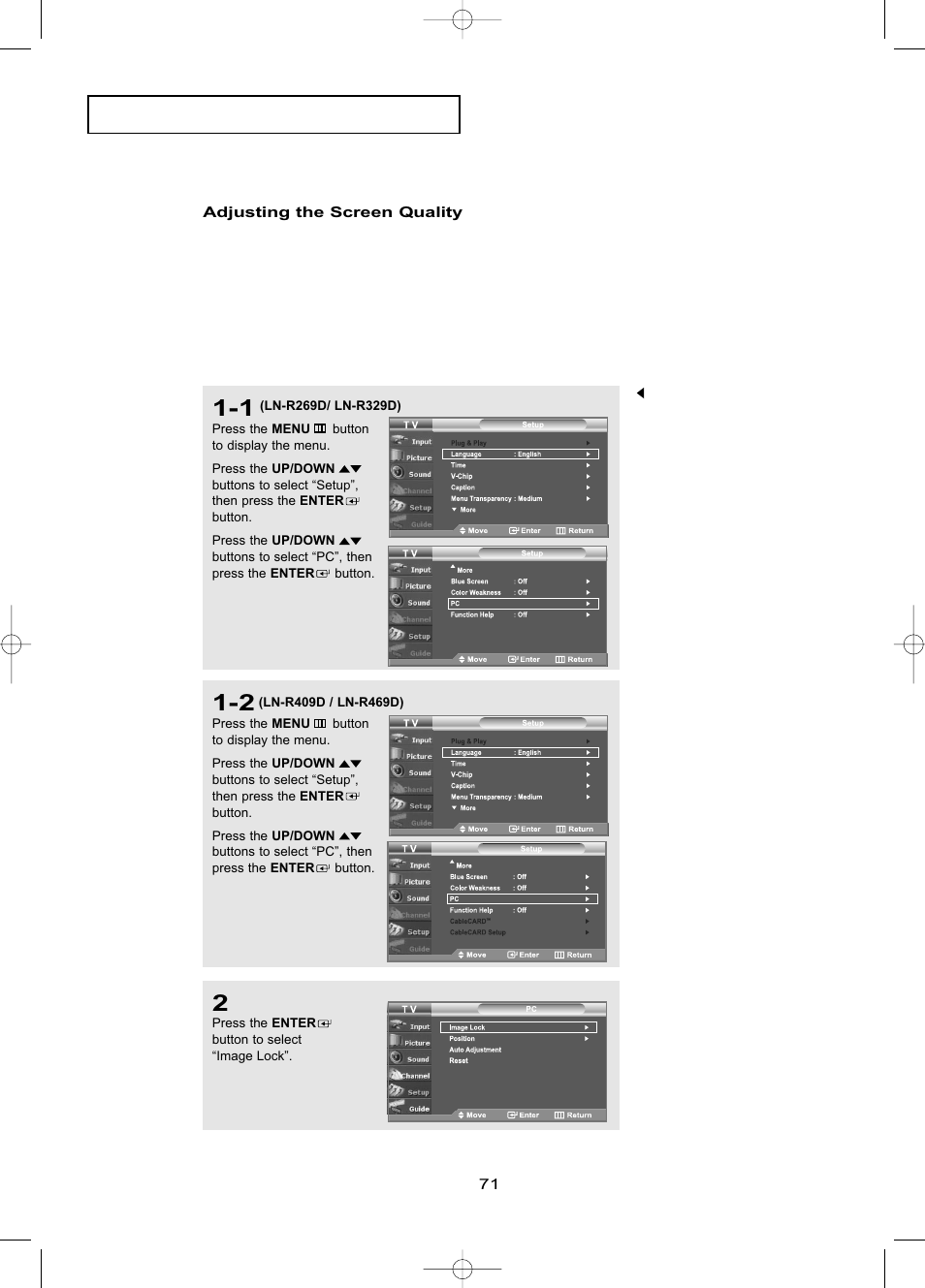 Adjusting the screen quality, P c d | Samsung LNR469DX-XAA User Manual | Page 77 / 134