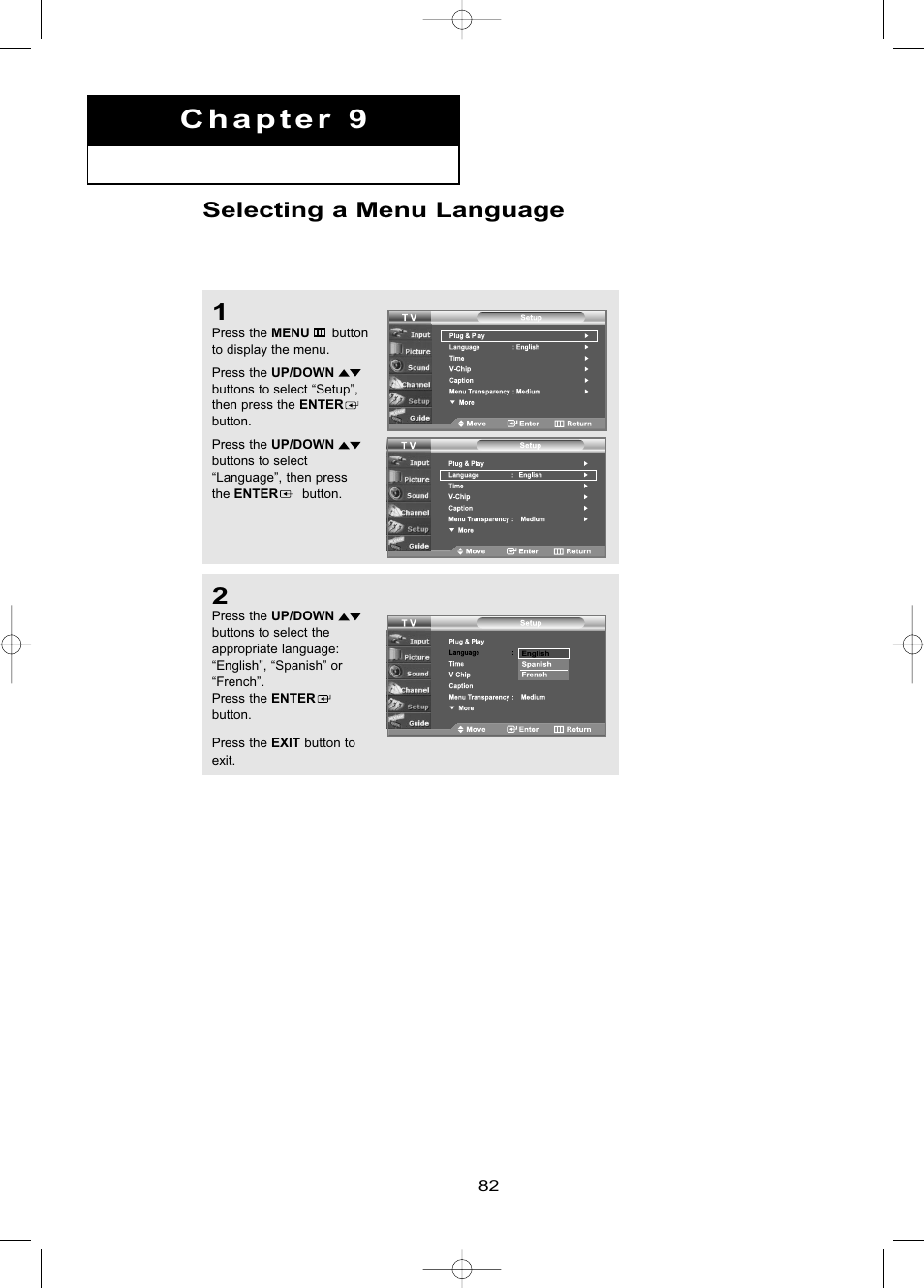 Chapter 9: function description, Selecting a menu language | Samsung LNR469DX-XAA User Manual | Page 88 / 134