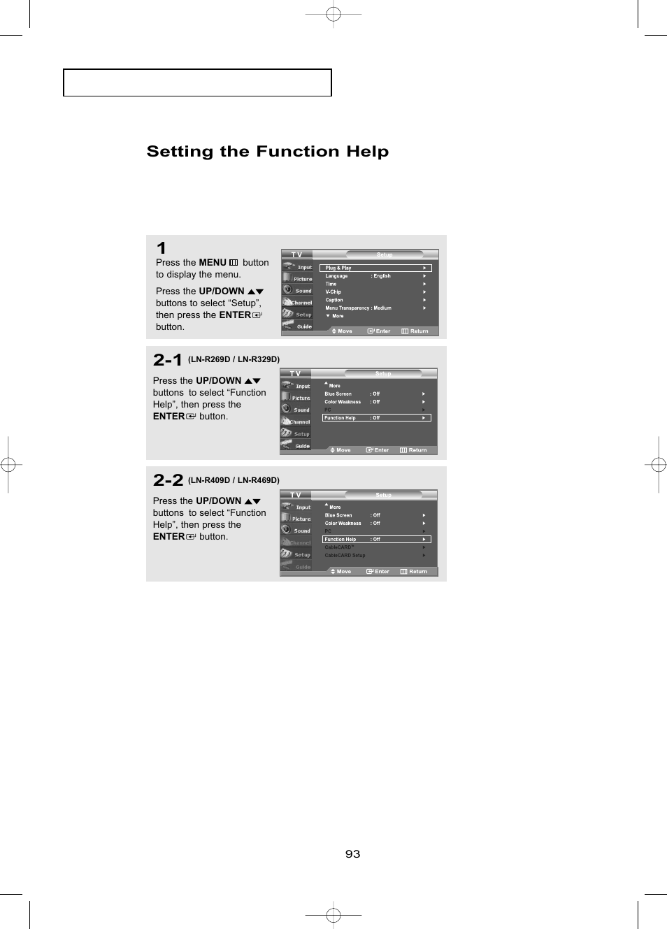 Setting the function help | Samsung LNR469DX-XAA User Manual | Page 99 / 134