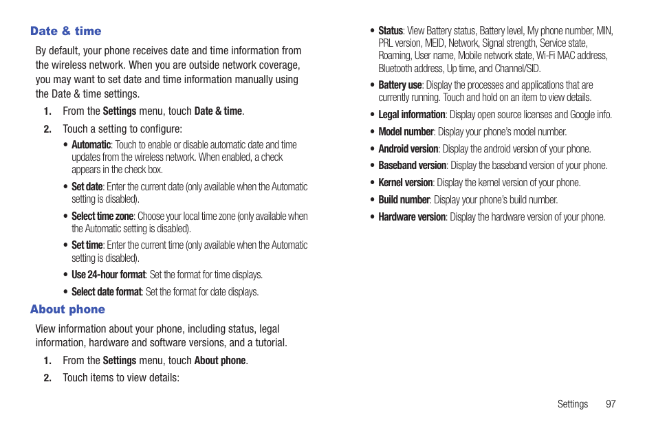 Date & time, About phone, Date & time about phone | Samsung SCH-R720ZRAXAR User Manual | Page 101 / 135