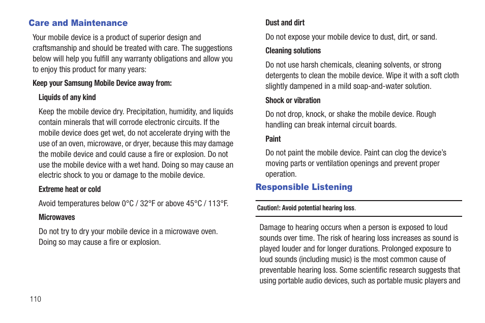 Care and maintenance, Responsible listening, Care and maintenance responsible listening | Samsung SCH-R720ZRAXAR User Manual | Page 114 / 135