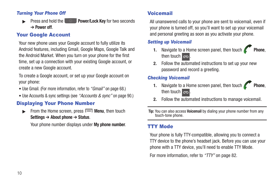Your google account, Displaying your phone number, Voicemail | Tty mode | Samsung SCH-R720ZRAXAR User Manual | Page 14 / 135