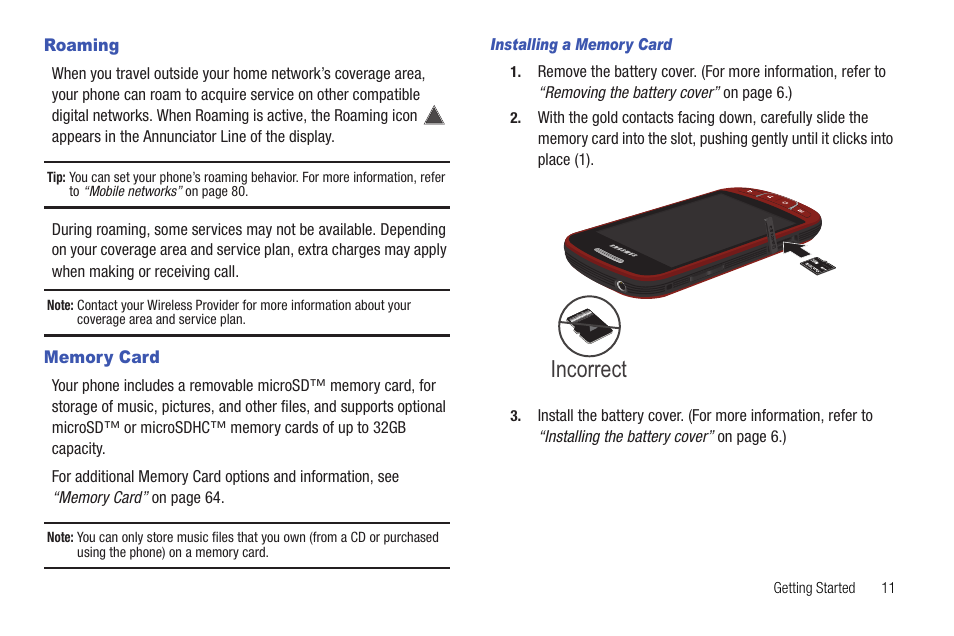 Roaming, Memory card, Roaming memory card | Incorrect | Samsung SCH-R720ZRAXAR User Manual | Page 15 / 135