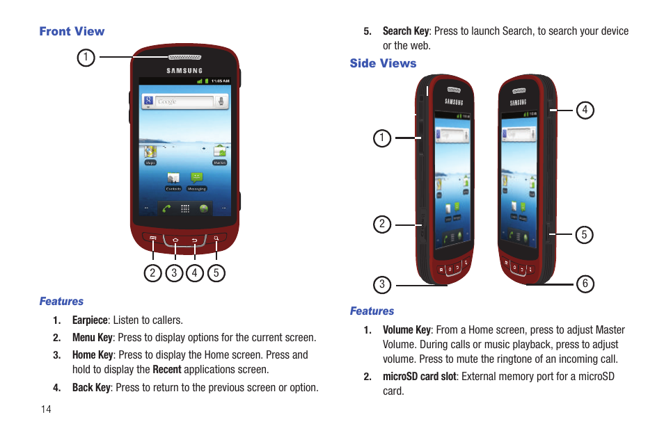 Front view, Side views, Front view side views | Samsung SCH-R720ZRAXAR User Manual | Page 18 / 135