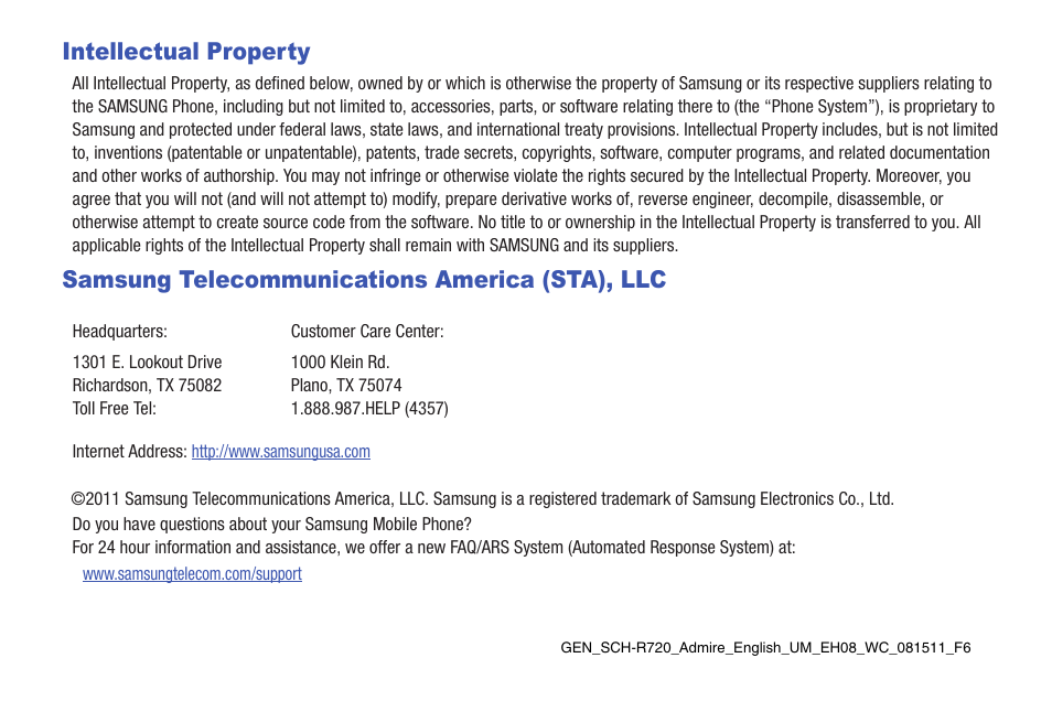 Intellectual property, Samsung telecommunications america (sta), llc | Samsung SCH-R720ZRAXAR User Manual | Page 2 / 135