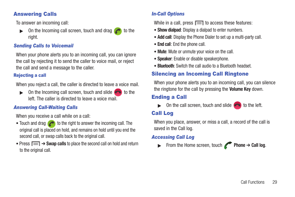 Answering calls, Silencing an incoming call ringtone, Ending a call | Call log, Ending a call call log | Samsung SCH-R720ZRAXAR User Manual | Page 33 / 135