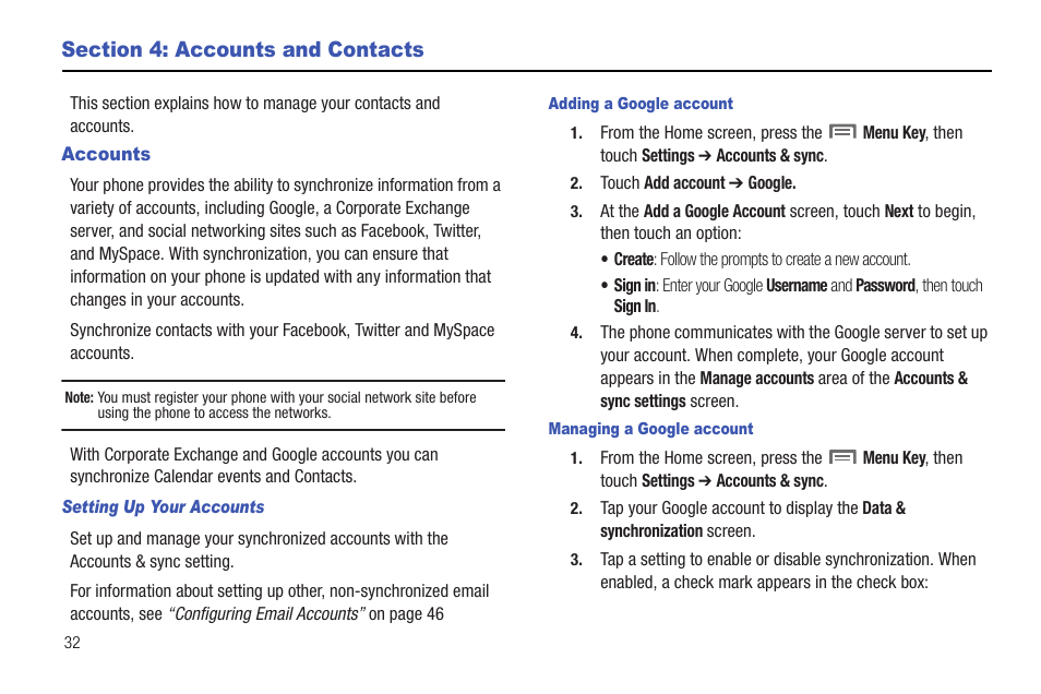 Section 4: accounts and contacts, Accounts | Samsung SCH-R720ZRAXAR User Manual | Page 36 / 135