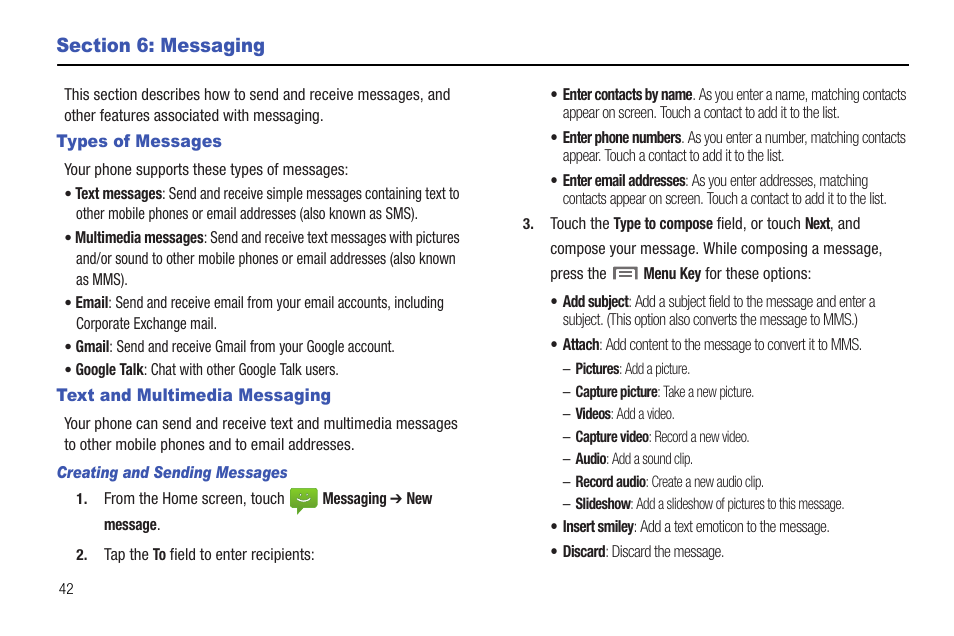Section 6: messaging, Types of messages, Text and multimedia messaging | Types of messages text and multimedia messaging | Samsung SCH-R720ZRAXAR User Manual | Page 46 / 135