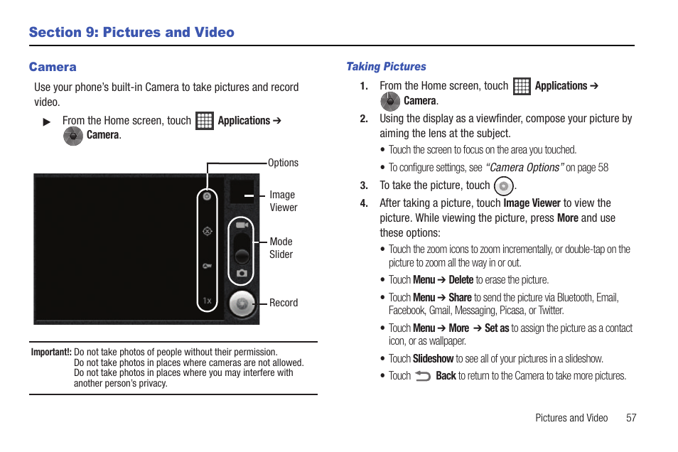 Section 9: pictures and video, Camera | Samsung SCH-R720ZRAXAR User Manual | Page 61 / 135