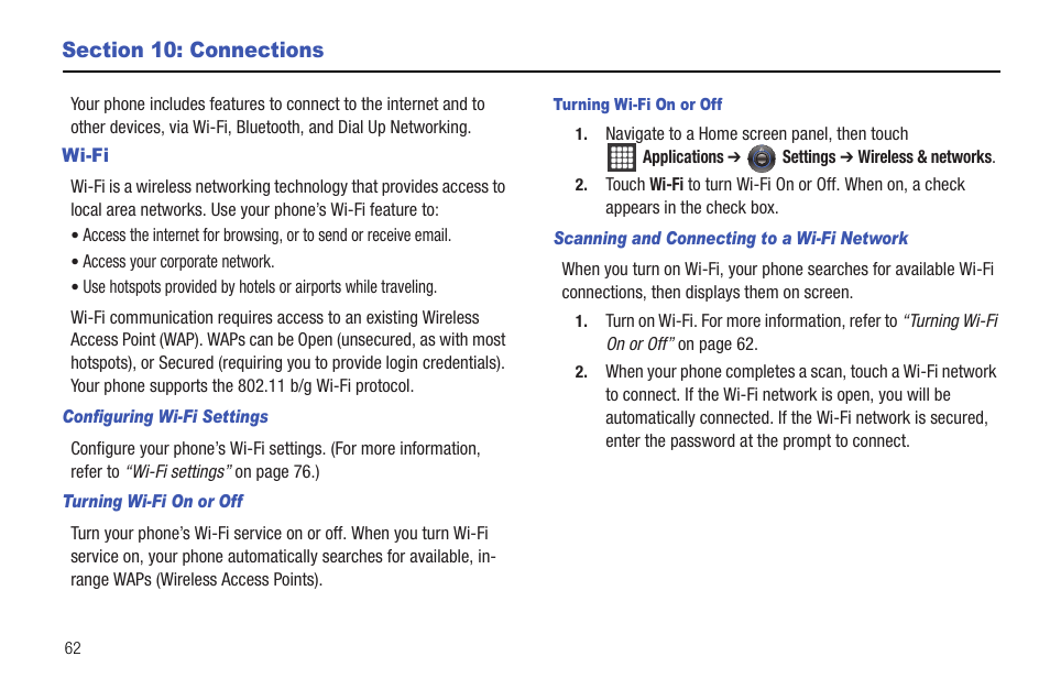 Section 10: connections, Wi-fi | Samsung SCH-R720ZRAXAR User Manual | Page 66 / 135