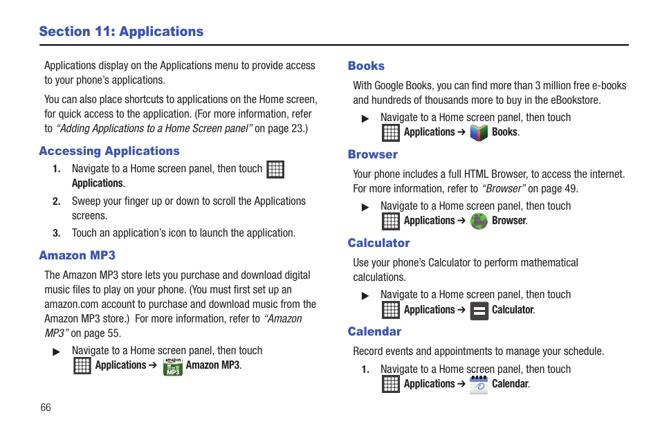Section 11: applications, Accessing applications, Amazon mp3 | Books, Browser, Calculator, Calendar | Samsung SCH-R720ZRAXAR User Manual | Page 70 / 135