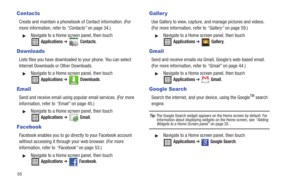 Contacts, Downloads, Email | Facebook, Gallery, Gmail, Google search, Contacts downloads email facebook gallery gmail | Samsung SCH-R720ZRAXAR User Manual | Page 72 / 135
