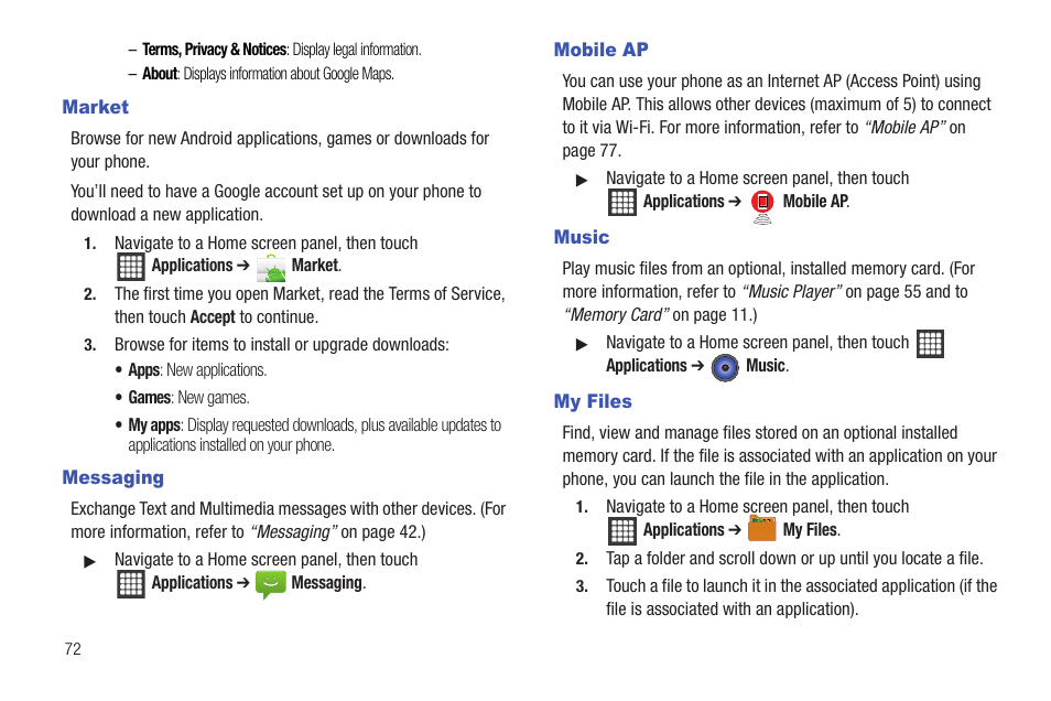 Market, Messaging, Mobile ap | Music, My files, Market messaging mobile ap music my files | Samsung SCH-R720ZRAXAR User Manual | Page 76 / 135