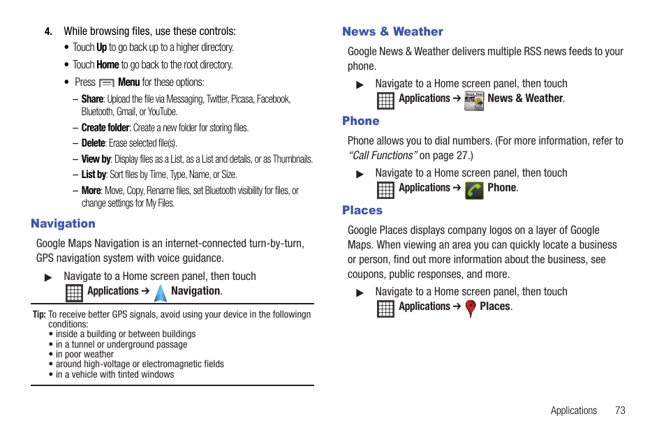 Navigation, News & weather, Phone | Places, Navigation news & weather phone places | Samsung SCH-R720ZRAXAR User Manual | Page 77 / 135