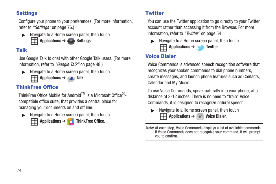 Settings, Talk, Thinkfree office | Twitter, Voice dialer, Ite. (for | Samsung SCH-R720ZRAXAR User Manual | Page 78 / 135