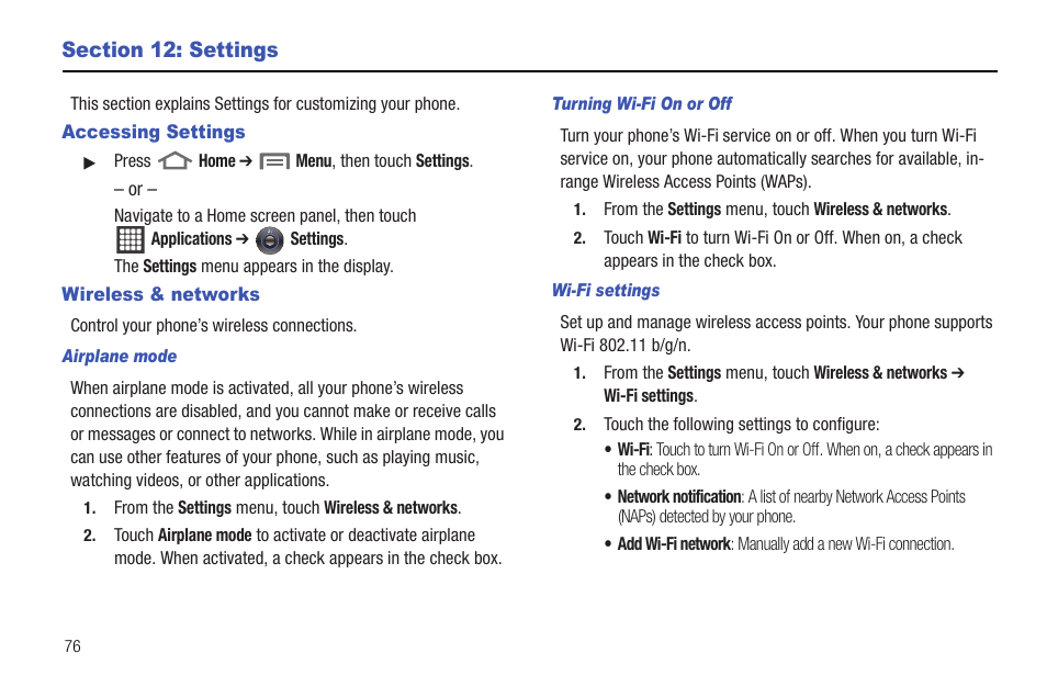 Section 12: settings, Accessing settings, Wireless & networks | Accessing settings wireless & networks | Samsung SCH-R720ZRAXAR User Manual | Page 80 / 135