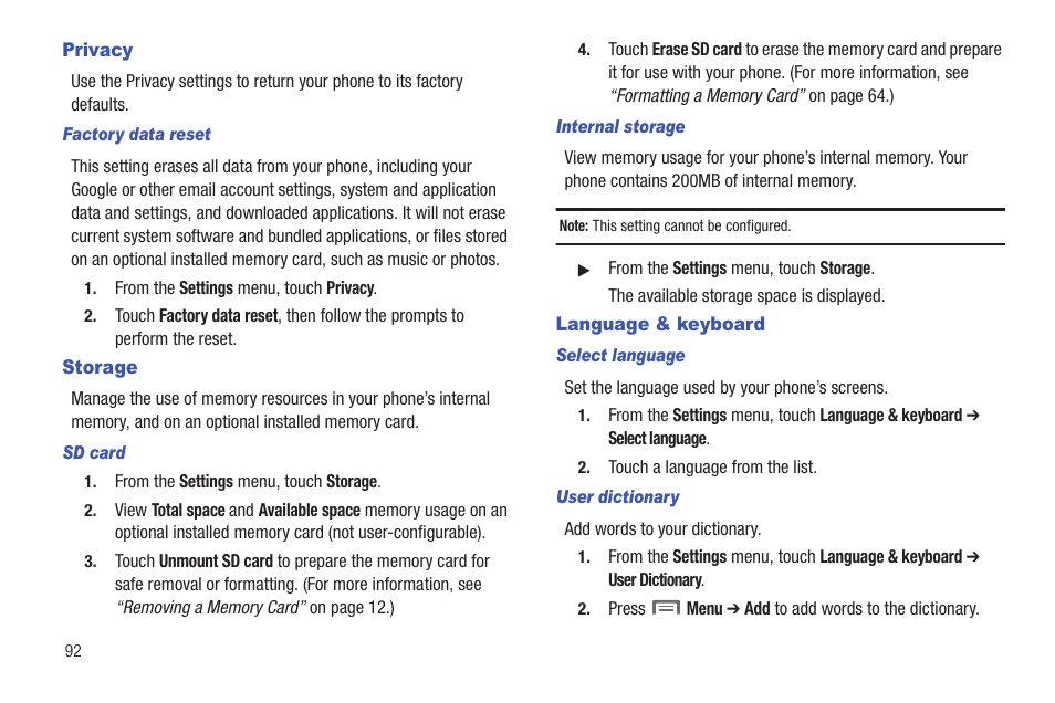 Privacy, Storage, Language & keyboard | Privacy storage language & keyboard | Samsung SCH-R720ZRAXAR User Manual | Page 96 / 135