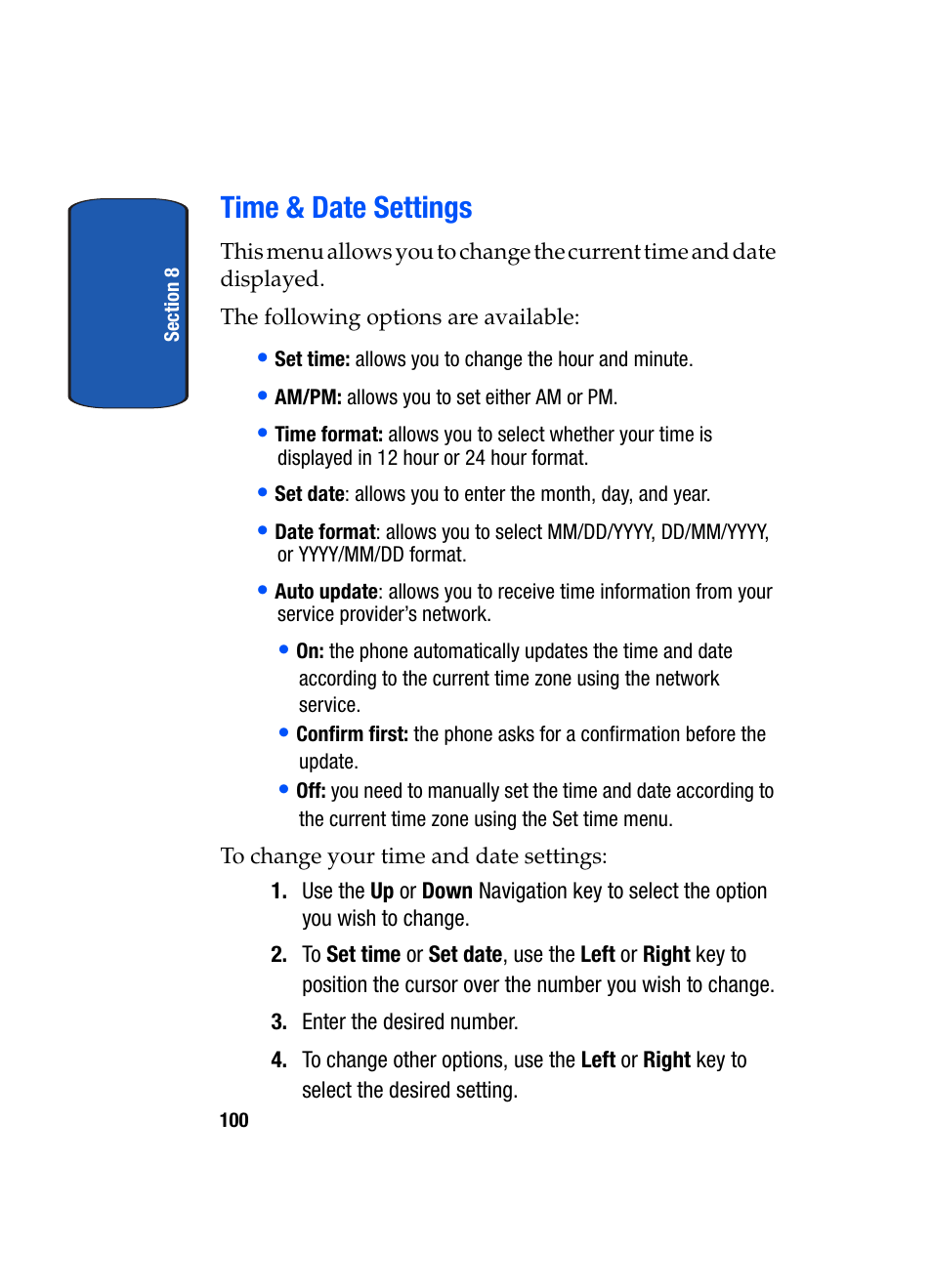 Time & date settings | Samsung SGH-T509TSATMB User Manual | Page 104 / 206