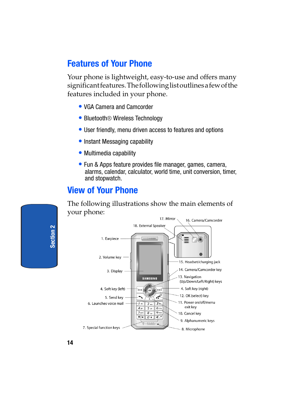 Features of your phone view of your phone, Features of your phone, View of your phone | Samsung SGH-T509TSATMB User Manual | Page 18 / 206