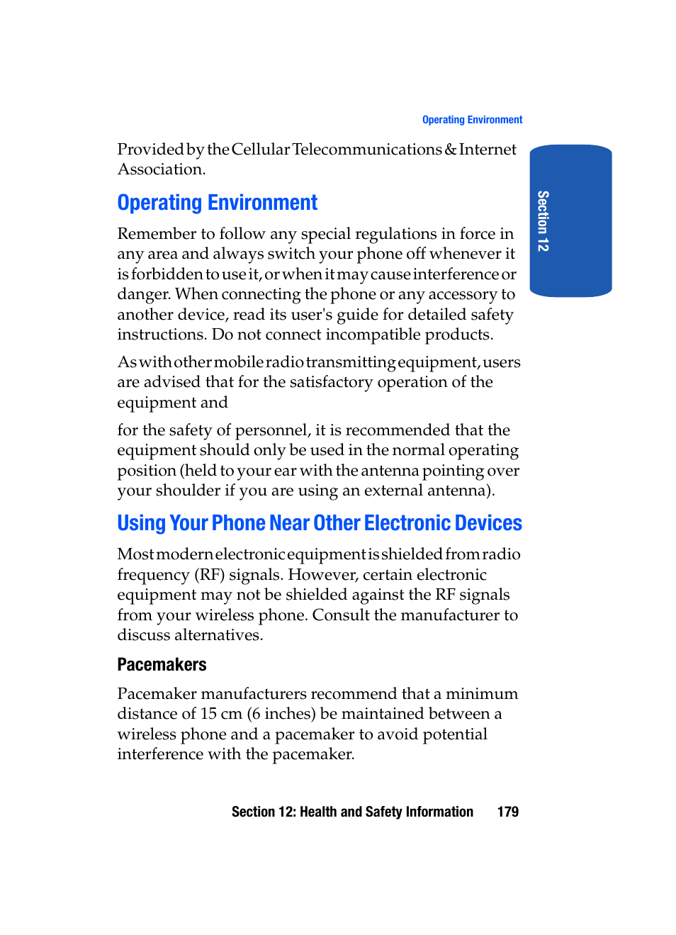 Operating environment, Using your phone near other electronic devices | Samsung SGH-T509TSATMB User Manual | Page 183 / 206