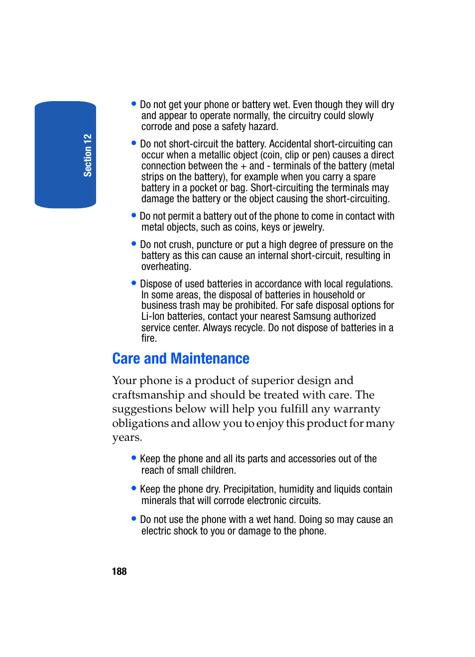 Care and maintenance | Samsung SGH-T509TSATMB User Manual | Page 192 / 206