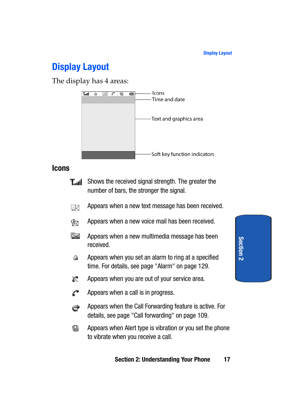 Display layout, Icons | Samsung SGH-T509TSATMB User Manual | Page 21 / 206