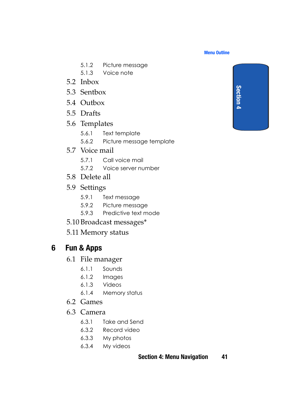 6fun & apps, 7 voice mail, 8 delete all 5.9 settings | 1 file manager, 2 games 6.3 camera | Samsung SGH-T509TSATMB User Manual | Page 45 / 206